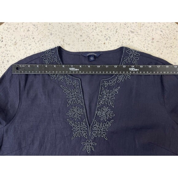 LANDS END Women’s Large 100% Linen Beaded Neckline Popover Tunic Top Bust Navy - Picture 10 of 12